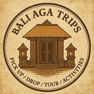 Bali Aga Trips badge: a Balinese temple gate with the words Pick up / Drop / Tour / Activities